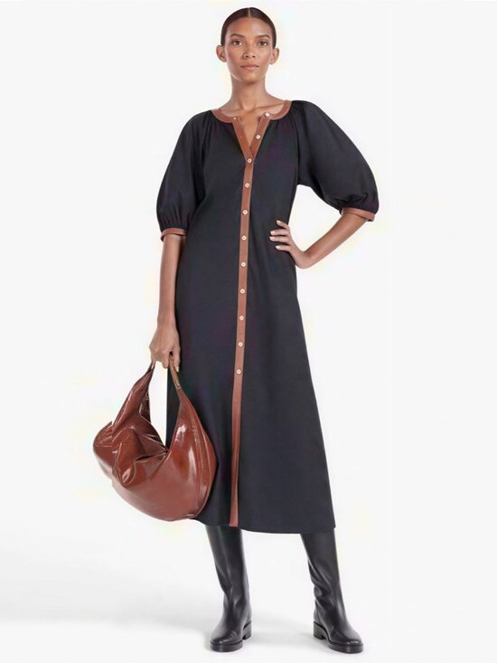 Staud Black Whiskey Vincent Midi Shirt Dress size XS Faux Leather Trim $275 - Picture 2 of 10